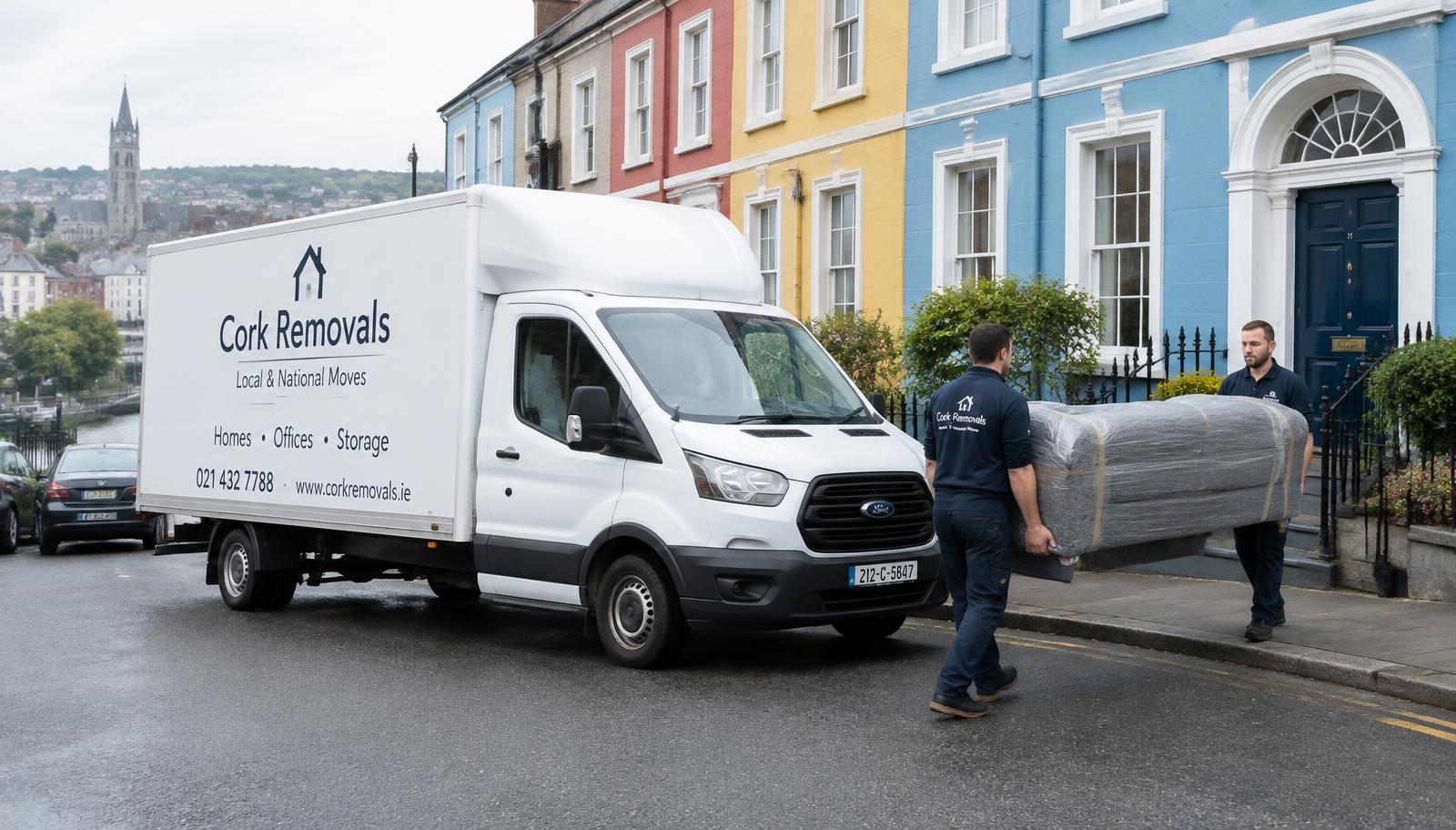 Cork Removals van on a Cork city street with movers carrying a sofa